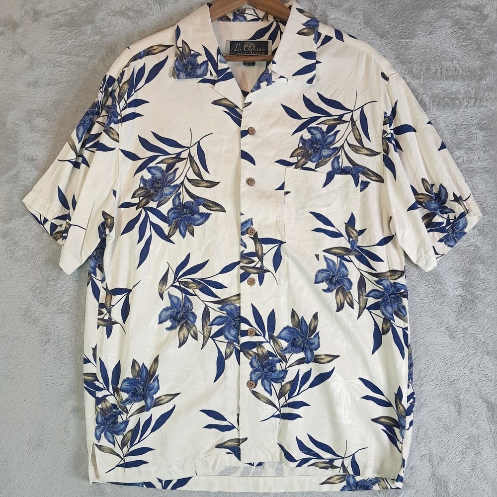 La Cabana Hawaiian Shirt Medium M Cream Blue Hibiscus Floral Tropical Button Up